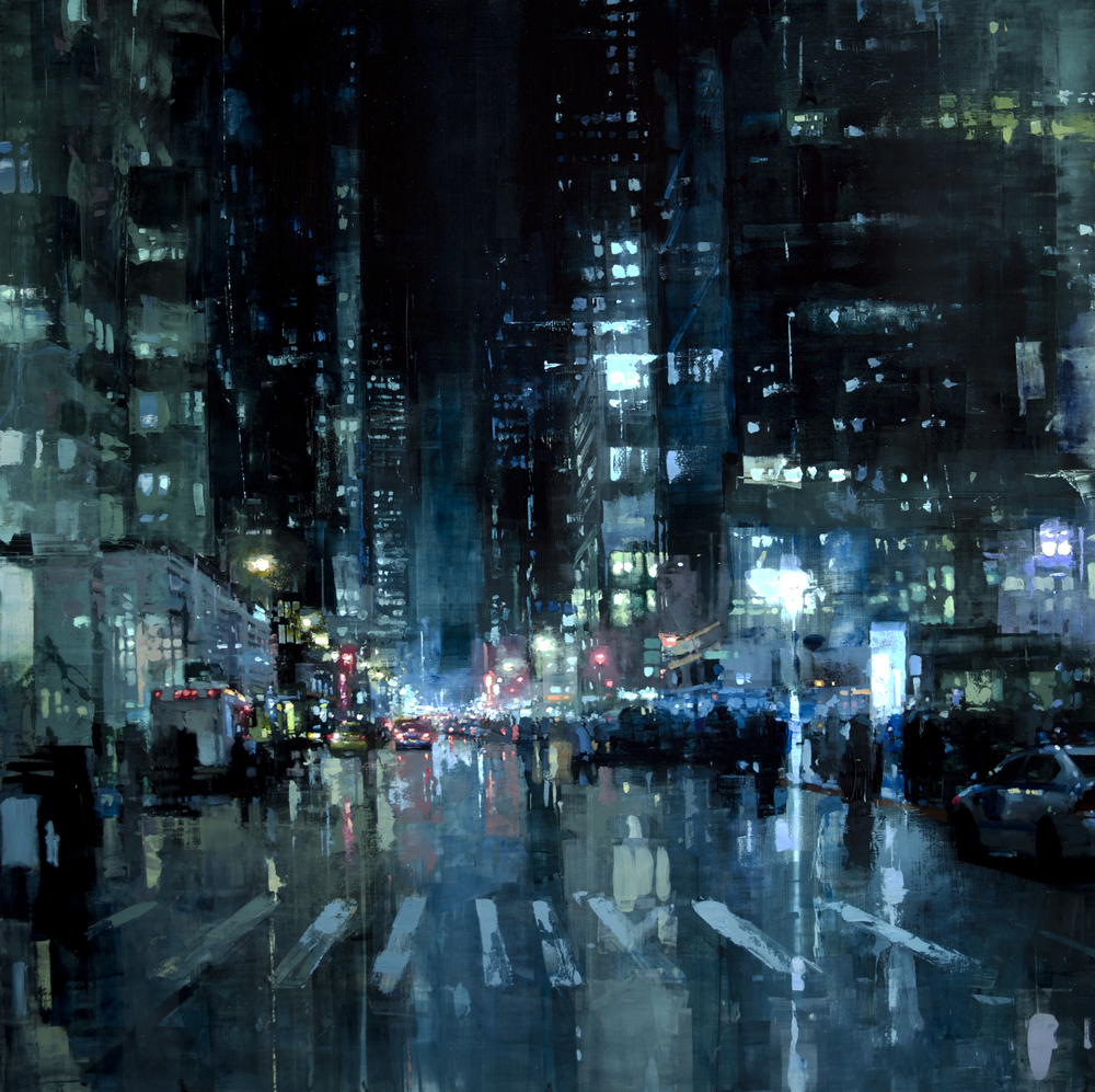 Jeremy Mann oil painting of urban street atmosphere