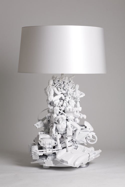 A lamp made from spray painted toys