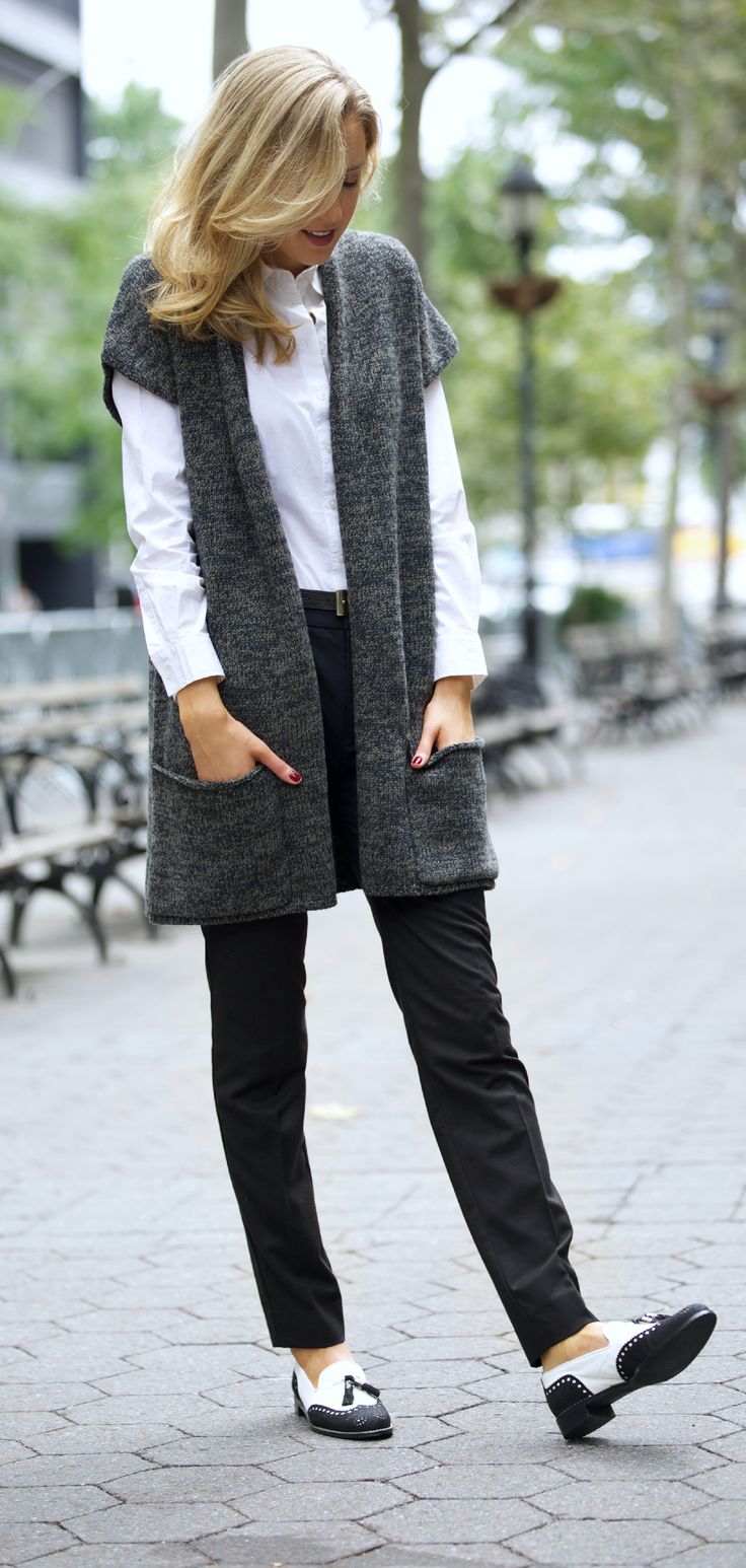 Long vest over denim for autumn