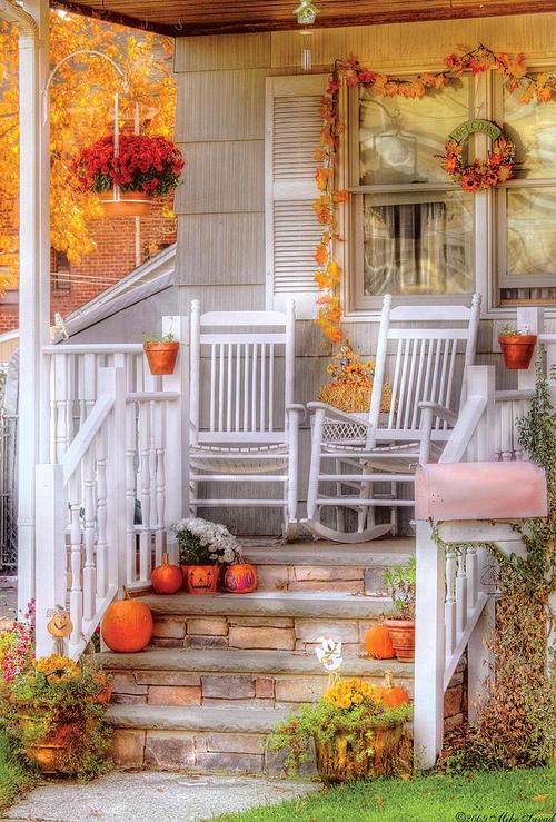 Autumn porch arrangement with wood accents
