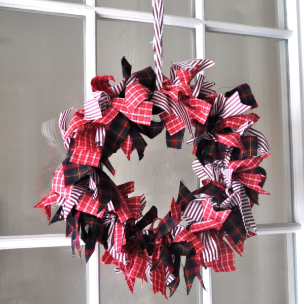 Fabric rag wreath with menswear textures