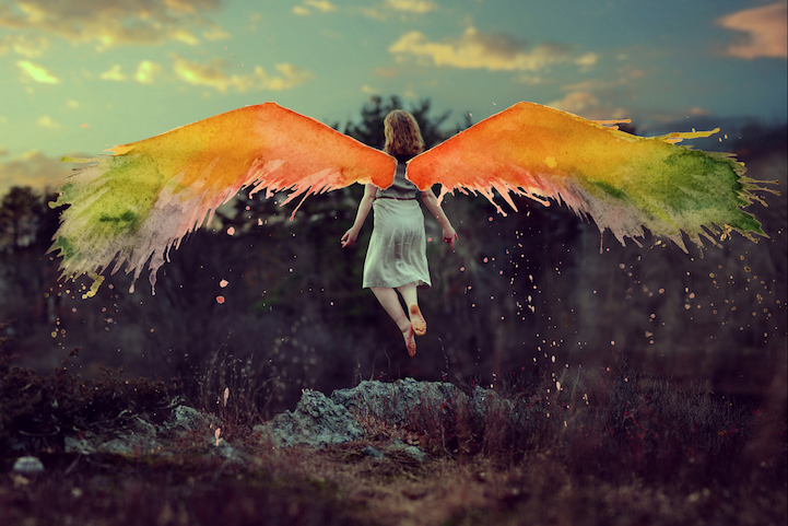 Surreal self-portrait with vibrant watercolor overlays