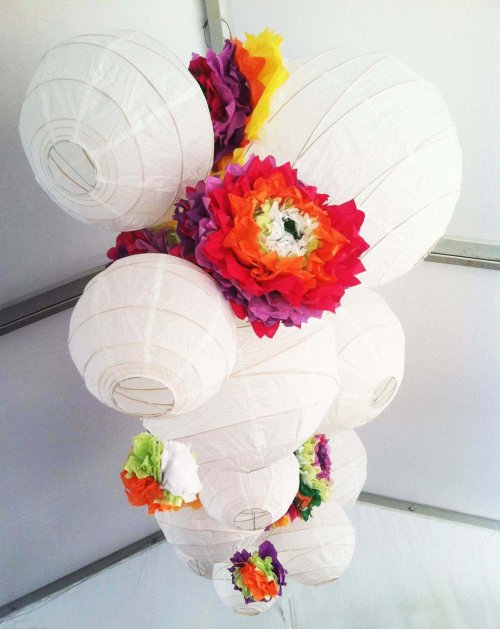 Paper flower chandelier made from clustered lanterns