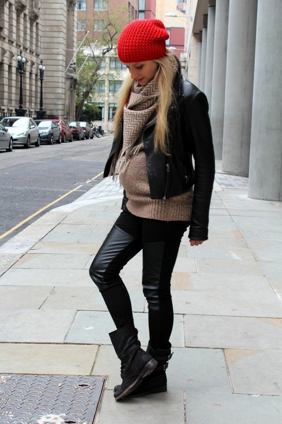 Layered maternity winter street outfit