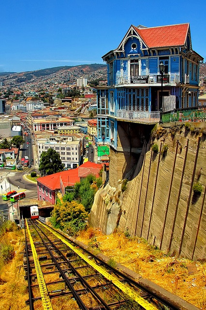The hanging house and the old cable car in Valparaiso, Chile.