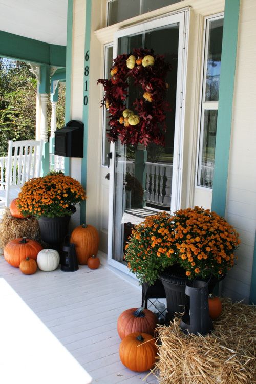 Fall porch plants and pumpkins
