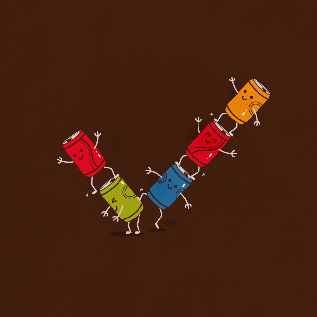 Colorful soda cans balancing to form a checkmark