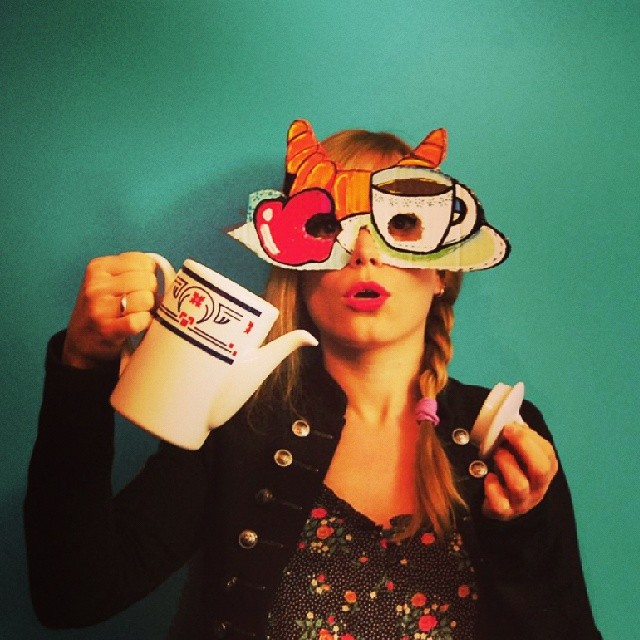 Apple croissant and teacup breakfast cardboard mask with teapot