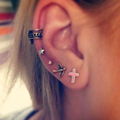 cross bird star studs with filigree ear cuff