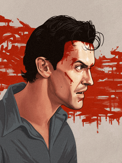 Ash Williams from Evil Dead with blood accents