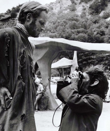Charlton Heston on the set of Planet of the Apes