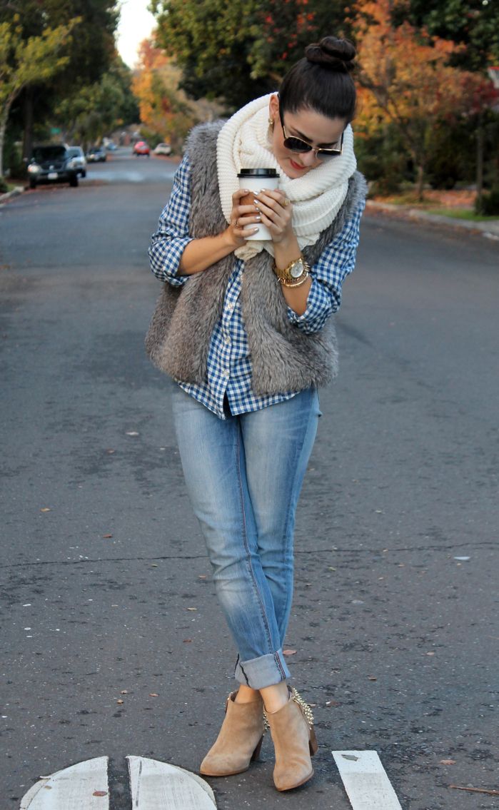 Long faux-fur vest over a dress