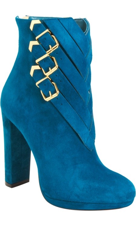 Teal suede ankle boot with gold buckles