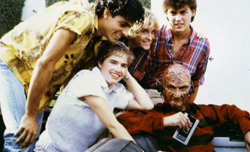 Nick Corri, Amanda Wyss, Johnny Depp, Heather Langenkamp, and Robert Englund on the set of A Nightmare on Elm Street