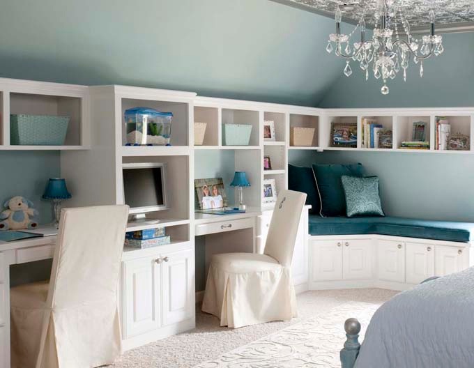 Bright attic workspace with sloped ceiling