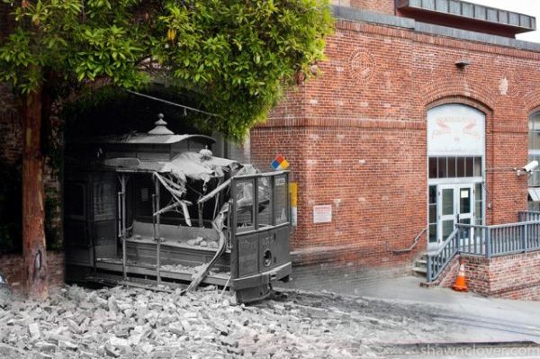 1906 San Francisco earthquake damage overlaid on today’s street