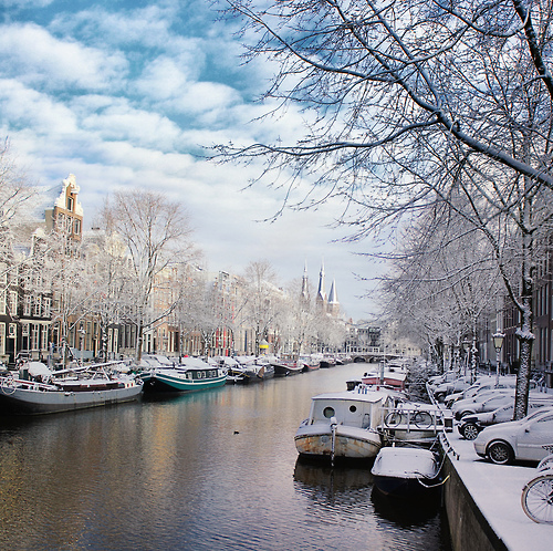 Amsterdam canal scene in winter