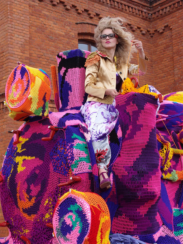 Detail of Olek crochet covering locomotive