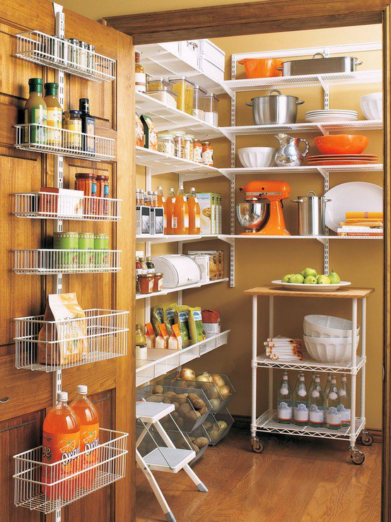 Pantry shelves with jars and baskets for dry goods
