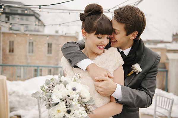 Wide view of winter wedding bouquet