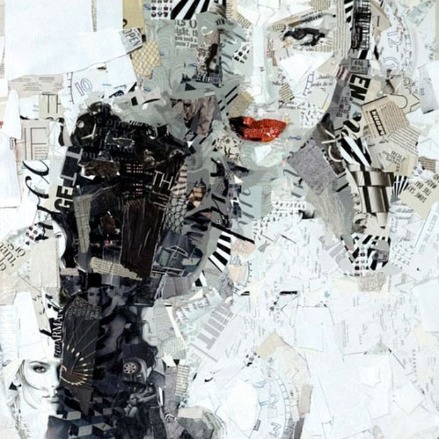 Paper collage portrait of a woman with vivid red lips