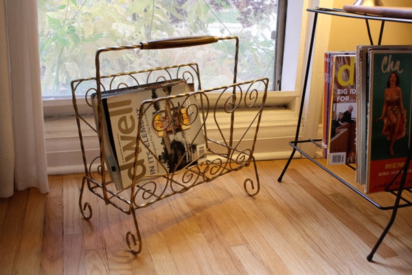 Sculptural magazine rack in a living room