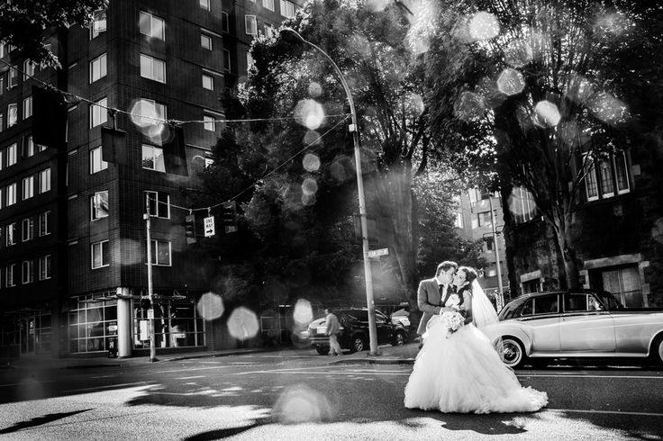 Black and white wedding photo with strong contrast