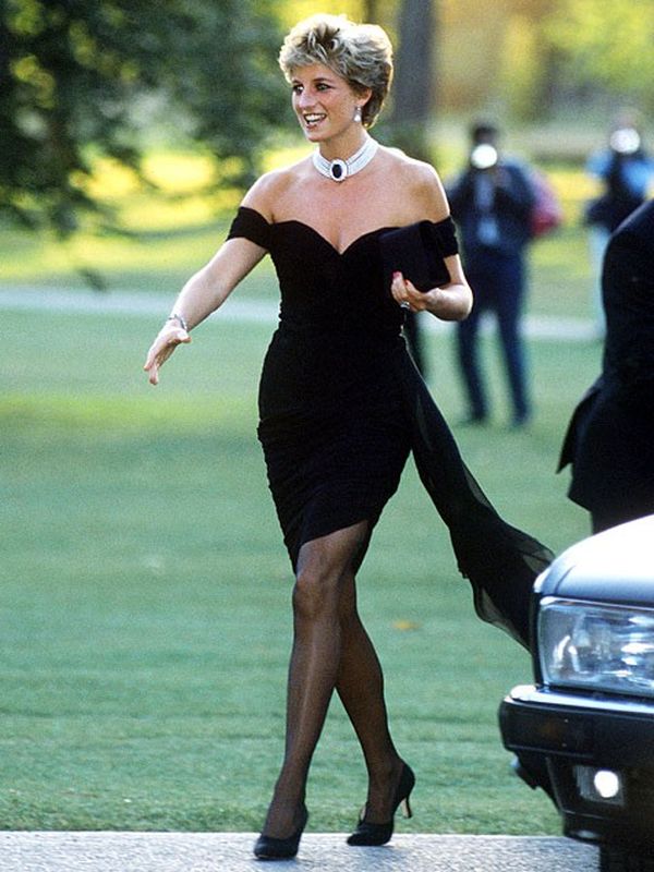 Princess Diana in a black off-the-shoulder evening dress