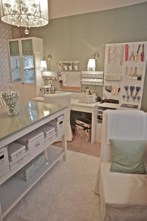 Craft room desk and wall organizers