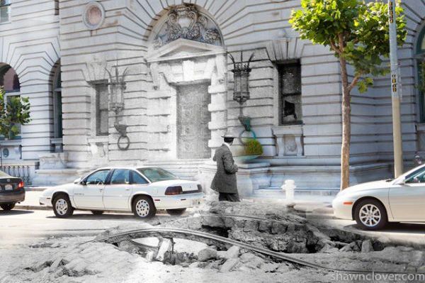 Shawn Clover blend of 1906 destruction and modern San Francisco