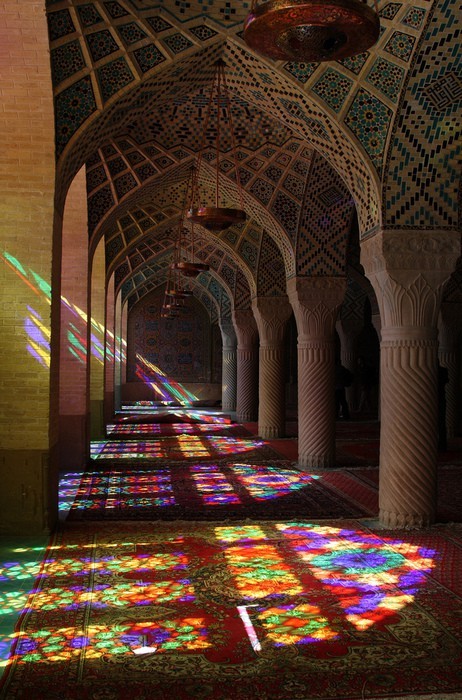Tall stained-glass window with rich color