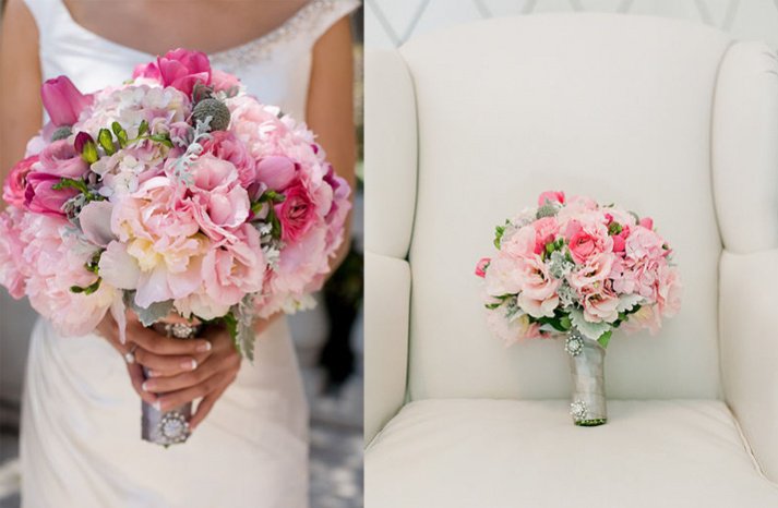 Pastel pink bouquet with mixed seasonal flowers