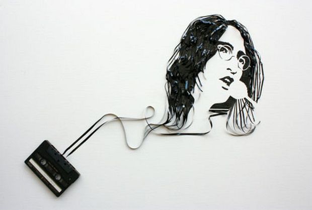 John Lennon cassette-tape portrait with glasses and microphone