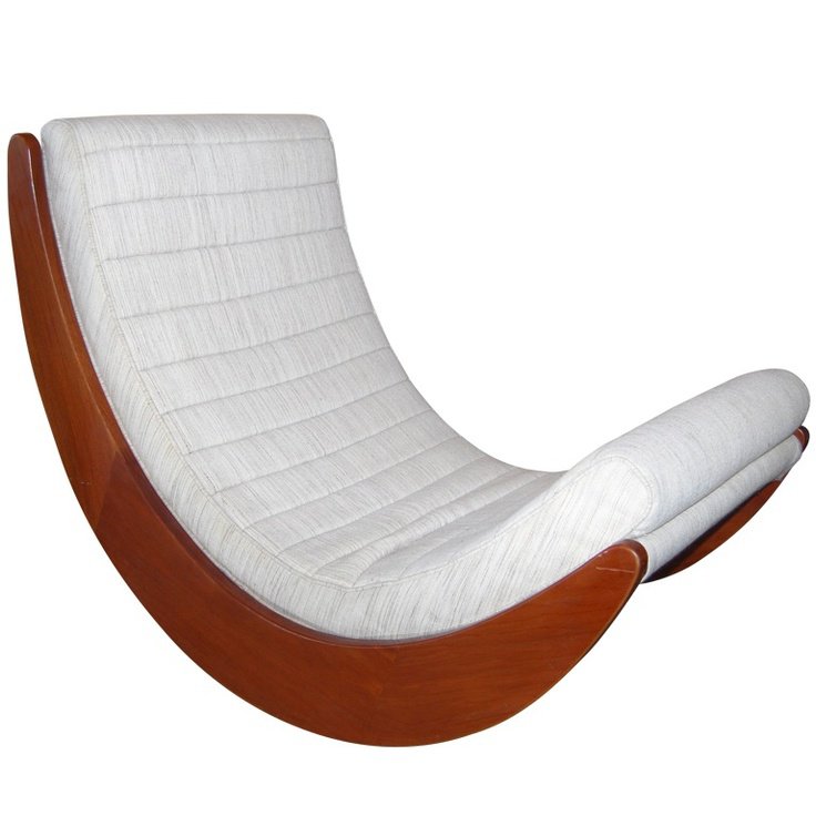 crescent wooden rocking lounge with channel-tufted cream upholstery