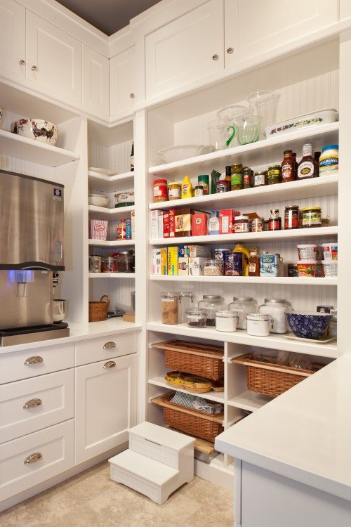 Pantry design idea with mixed open shelves and storage bins