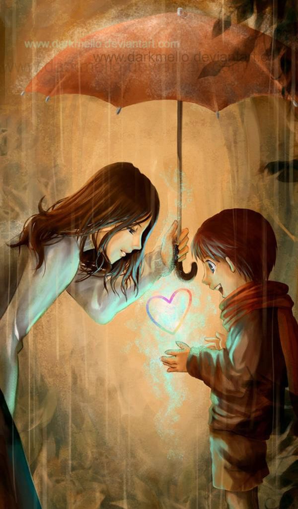 Woman sharing an umbrella with a boy beneath a glowing heart in rain