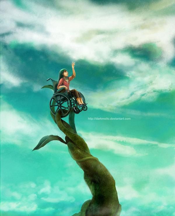 Girl in a wheelchair reaching toward clouds from a curling beanstalk