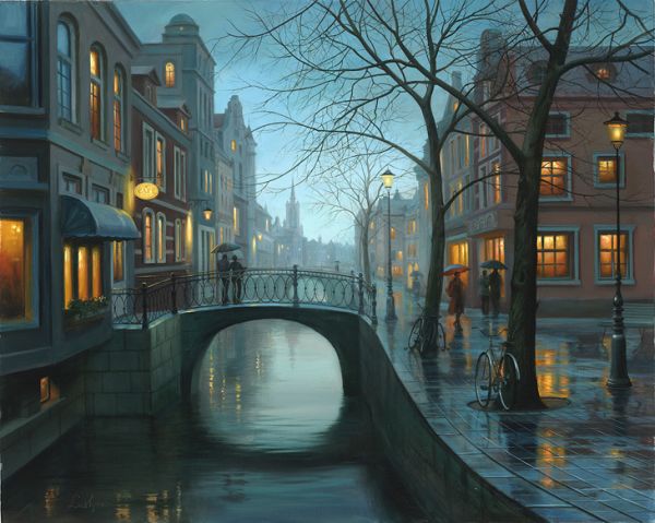 Rainy canal with stone bridge, cafe sign, and bicycles by Evgeny Lushpin